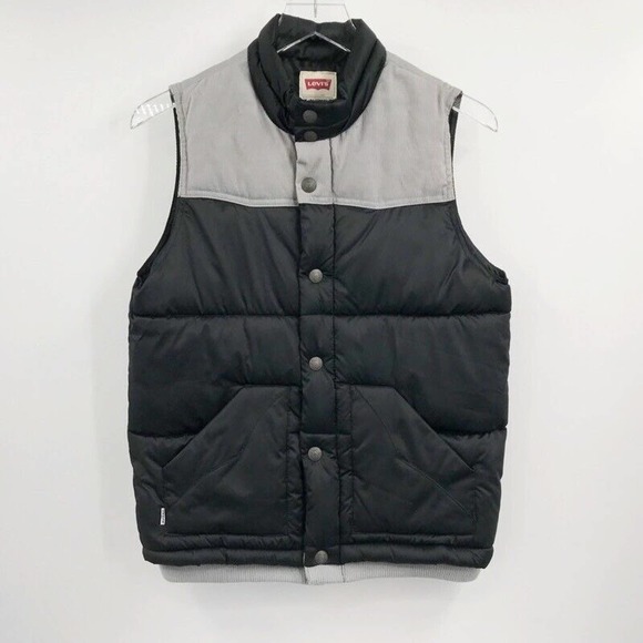 Levis Boys Puffer Vest Black Gray Color Block Lined Snaps Pockets M 10-12 - Picture 1 of 6
